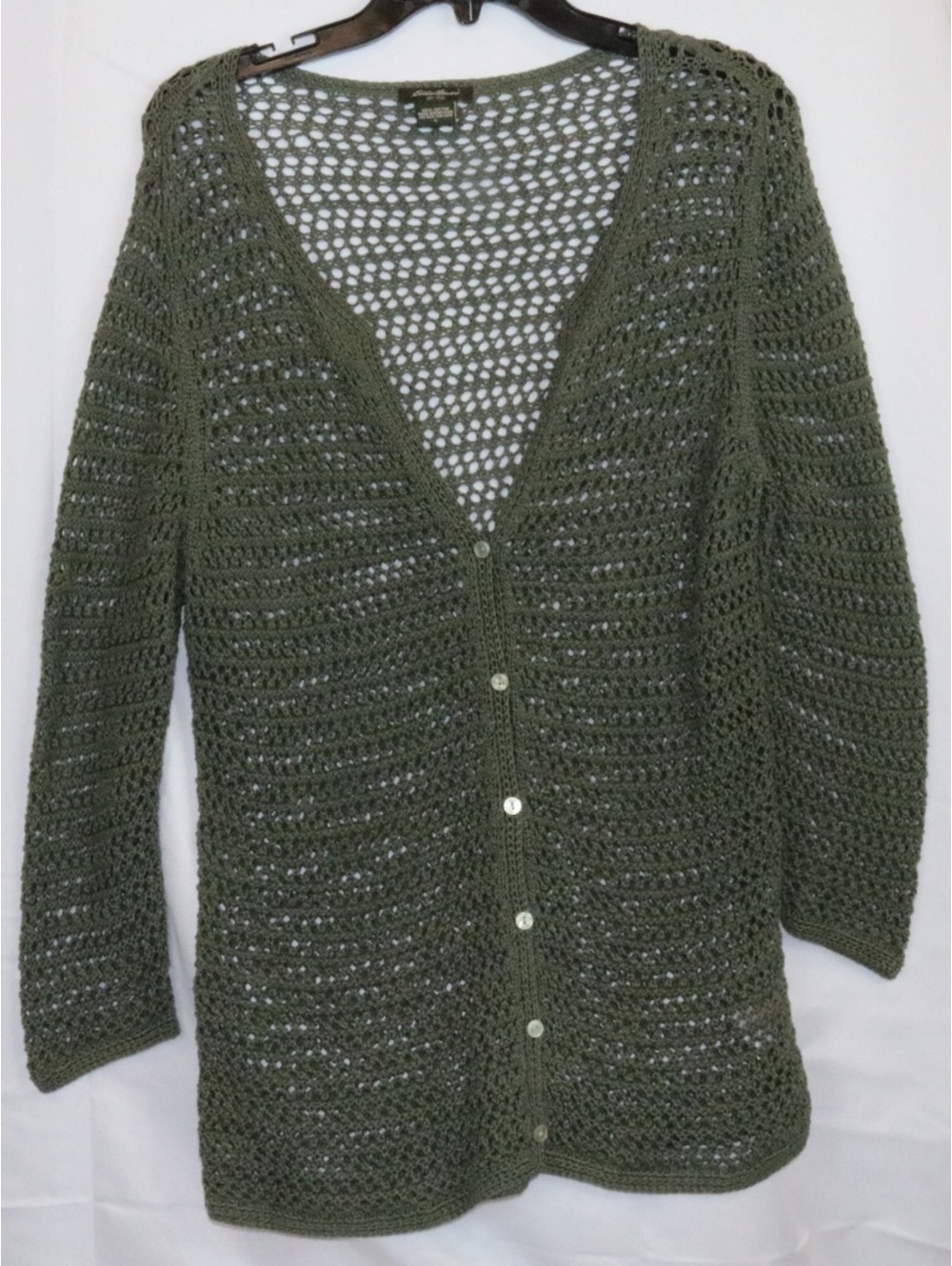 VTG Eddie Bauer Loose Knit Cardigan Woman L Green Button Front Cotton Y2K Preppy